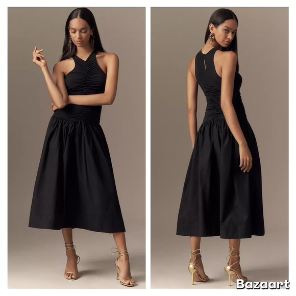 By Anthropologie Twofer Halter Drop-Waist Midi Dress Sz M - Picture 13 of 14